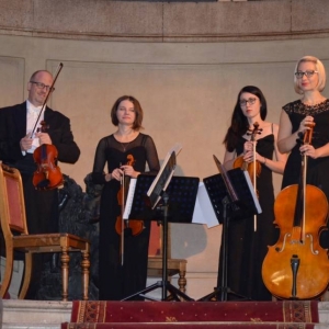 Zdjęcie przedstawia artystów występujących podczas koncertu pt. Antonio Vivaldi - Cztery Pory Roku w Pałacu Kawalera w Świerklańcu