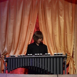 Zdjęcie przedstawia artystę  występującego u szczytu schodów  wewnątrz Pałacu Kawalera,  podczas koncertu pt. Percussio
