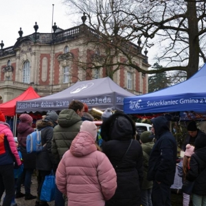 Zdjęcie przedstawia świąteczny jarmark, który zachęca do zakupu prezentów i ciepłych napojów