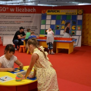 Zdjęcie przedstawia uczestników półkolonii II turnusu w trakcie wycieczki na wystawę klocków LEGO podczas zwiedzania i wspólnej zabawy.