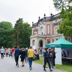 Stoiska dożynkowe. W tle Pałac Kawalera