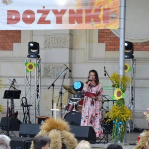 Zdjęcie przedtsawia konferansjera dożynek zapowiadającego kolejną część części oficjalnej