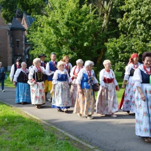 Zdjęcie przedstawia pochód dożynkowy