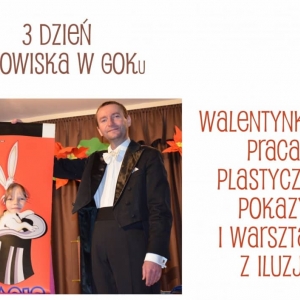Plakat przedstawia trzeci dzień zimowiska - środa. Pokazy i warsztaty iluzjonistyczne