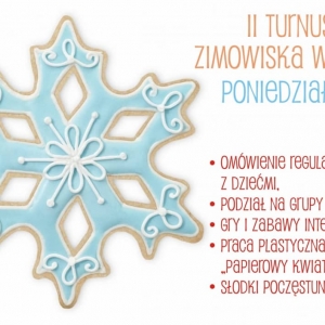 Plakat opisujący pierwszy dzień zimowiska - poniedziałek. Gry i zabawy integracyjne, podział na grupy, tworzenie wspólnego regulaminu, praca plastyczna.