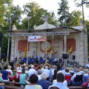 Zdjęcie przedstawia publiczność biorącą udział w dożynkach oraz koncert Tarnogórskiej Orkiestry Dętej