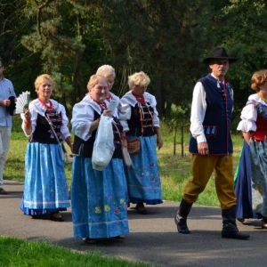 Zdjęcie przedstawia pochód dożynkowy