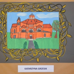 Zdjęcie przedstawia pracę konkursową plastyczną pt. Kościół w Nakle Śląskim – PIĘKNO ARCHITEKTURY I DETALI