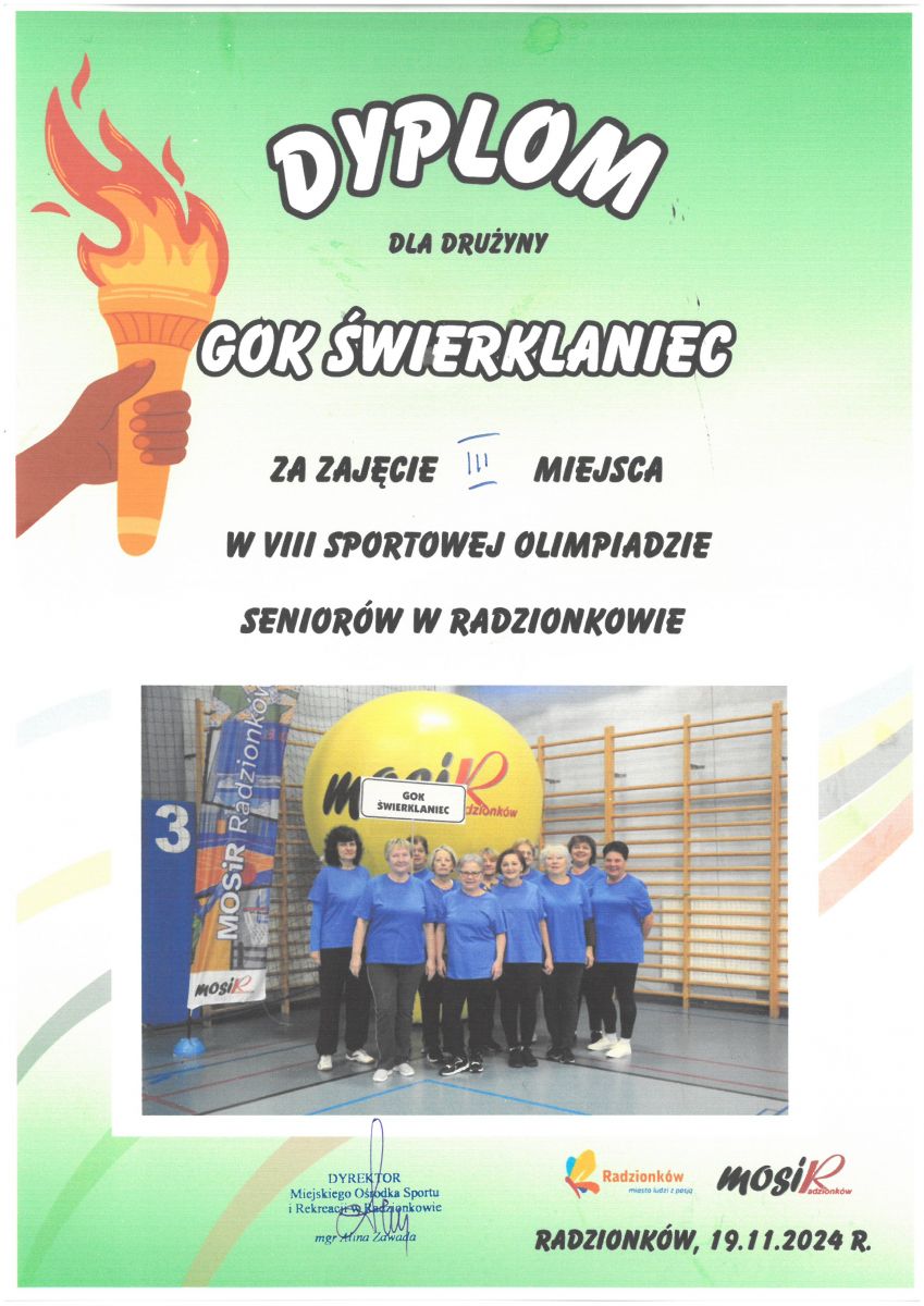 Dyplom dla drużyny GOK Świerklaniec - Sportowa Olimpiada dla Seniorów