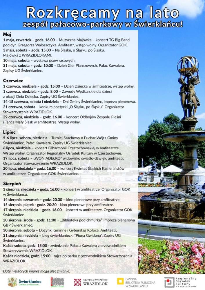 Plakat - Rozkręcamy na lato - wydarzenia w świerklanieckim parku w czasie od maja do sierpnia