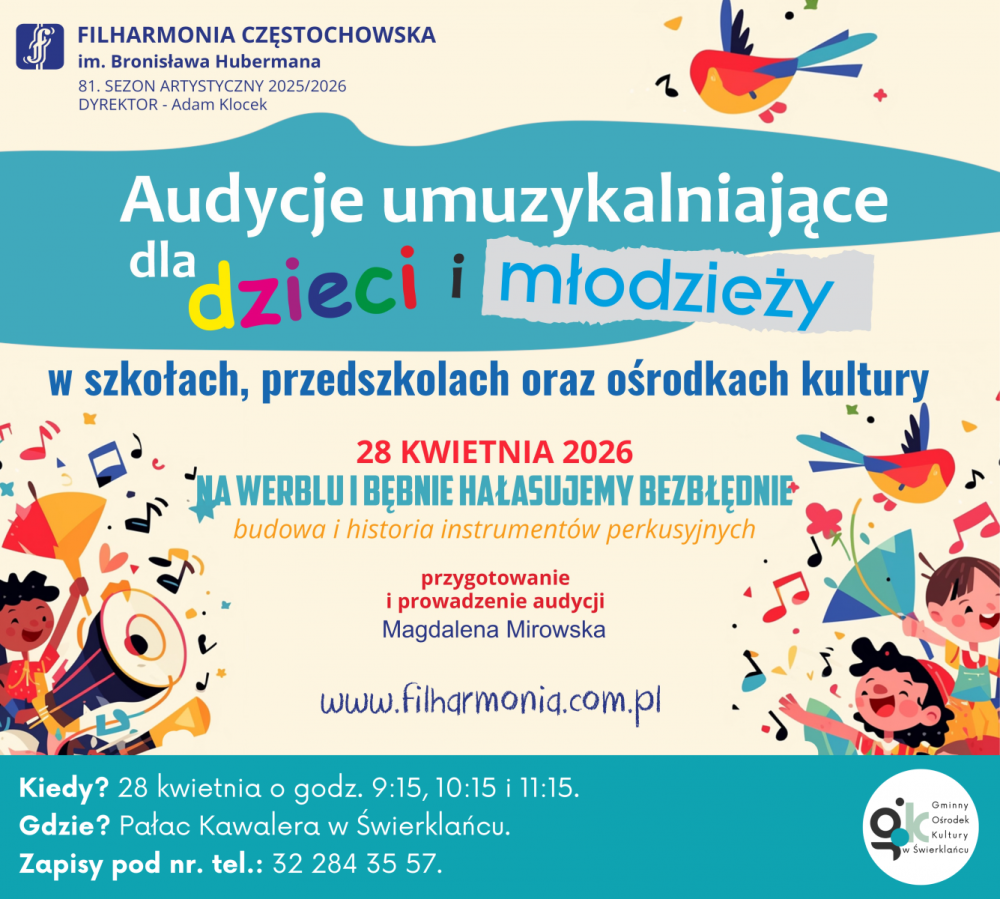 Grafika promująca audycje umuzykalniające dla dzieci i młodzieży w Pałacu Kawalera w Świerklańcu.