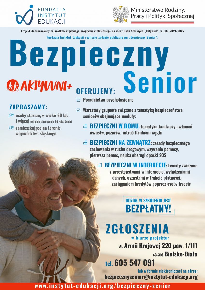 Plakat - Darmowe warsztaty dotyczące bezpieczeństwa - dla Seniorów