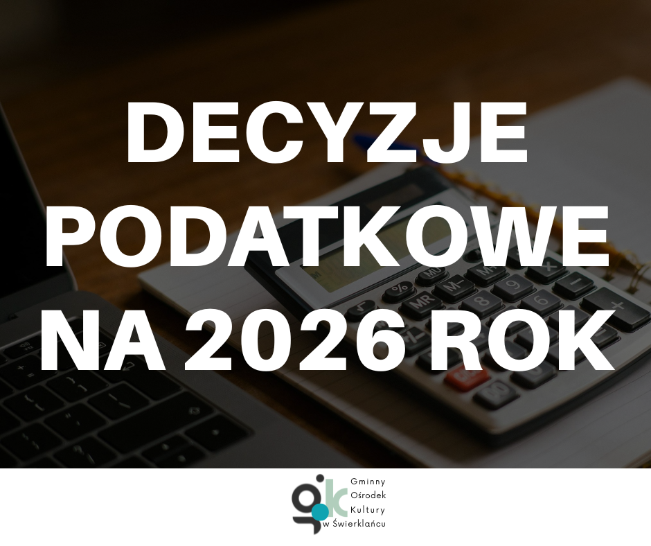 Tekst: Decyzje podatkowe na 2026 rok. W tle kalkulator i laptop.