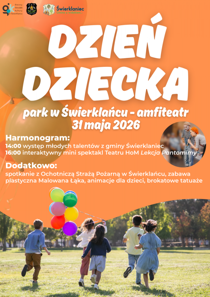 Plakat promujący Dzień Dziecka w świerklanieckim parku.