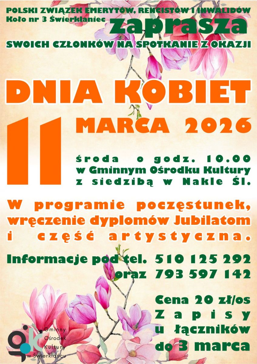 Plakat promujący spotkanie dla seniorów z gminy Świerklaniec z okazji Dnia Kobiet.