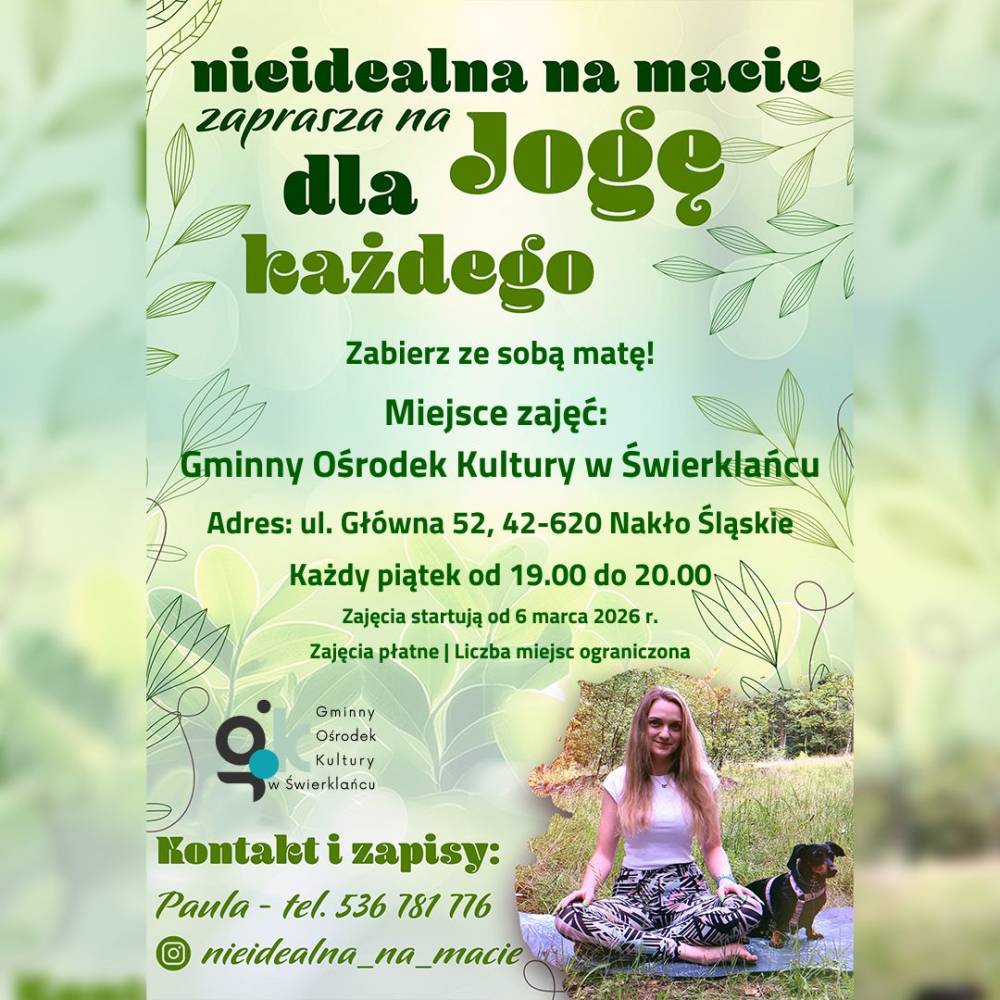 Grafika promująca nowe zajęcia "Joga dla Każdego" w Gminnym Ośrodku Kultury w Świerklańcu.