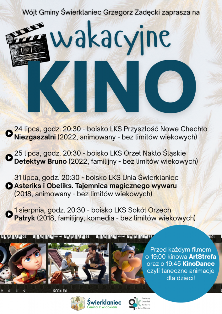 Plakat promujący Wakacyjne Kino w gminie Świerklaniec.