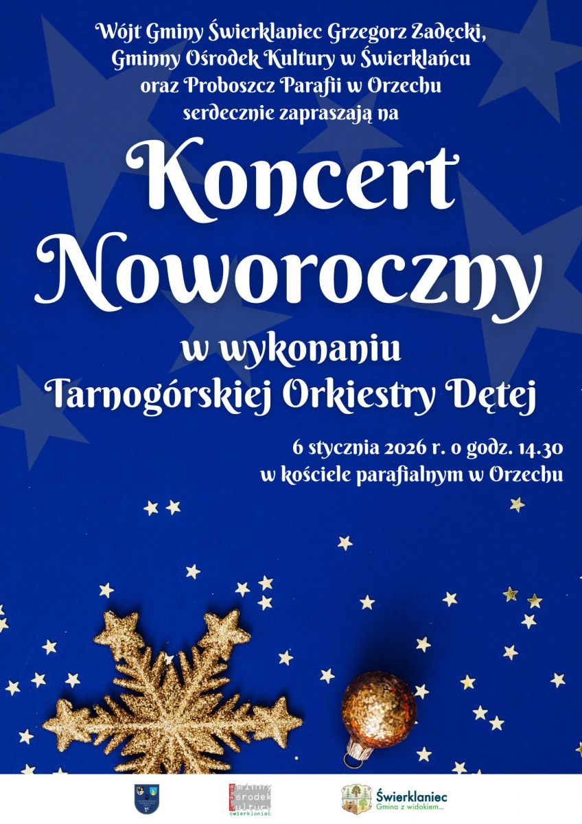 Plakat promujący Koncert Noworoczny w wykonaniu Tarnogórskiej Orkiestry Dętej.