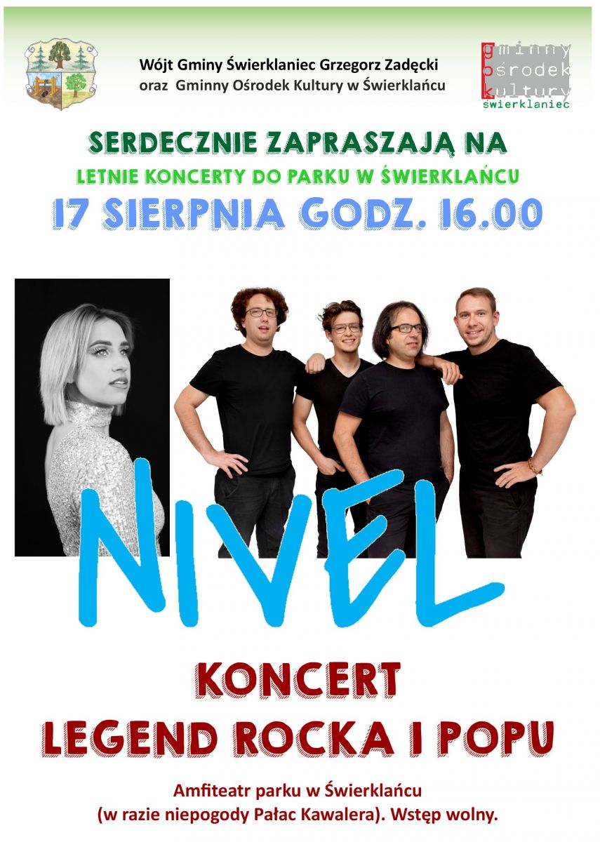 Plakat - Koncert wakacyjny zespołu NIVEL - 17 sierpnia godz. 16.00