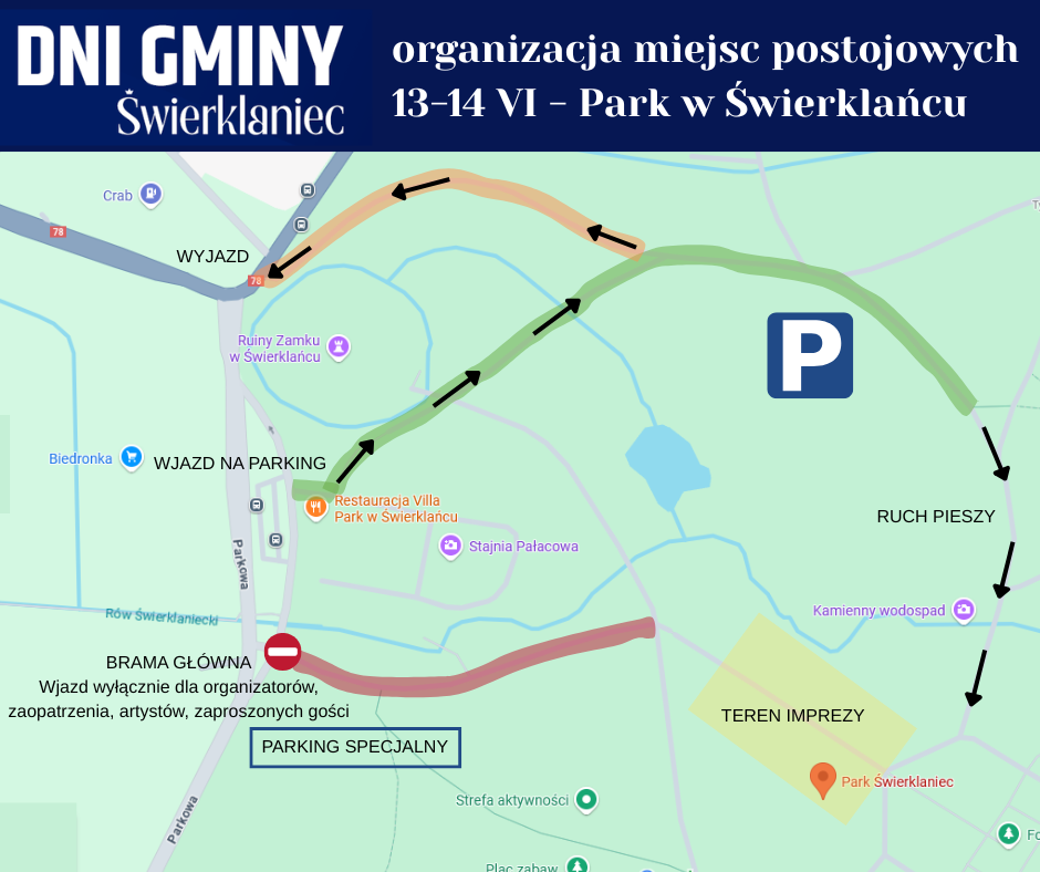 Mapa przedstawiająca drogę dojazdu do parkingu w czasie trwania Dni Gminy Świerklaniec.
