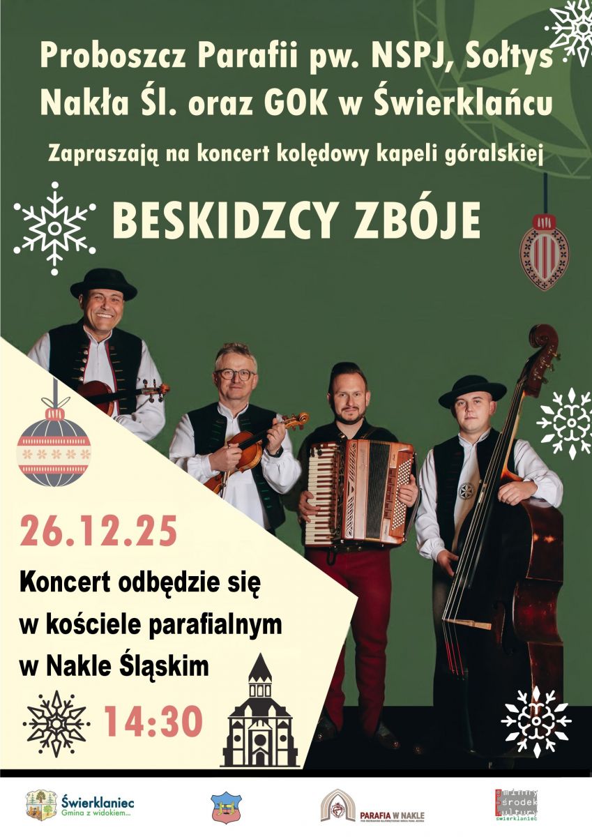 Plakat promujący koncert kolędowy kapeli góralskiej Beskidzcy Zbóje.