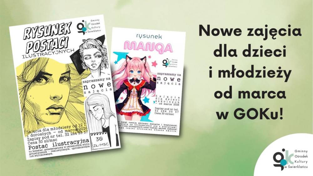 Grafika promująca nowe zajęcia dla dzieci i młodzieży w Gminny Ośrodku Kultury w Świerklańcu od marca 2026 roku.
