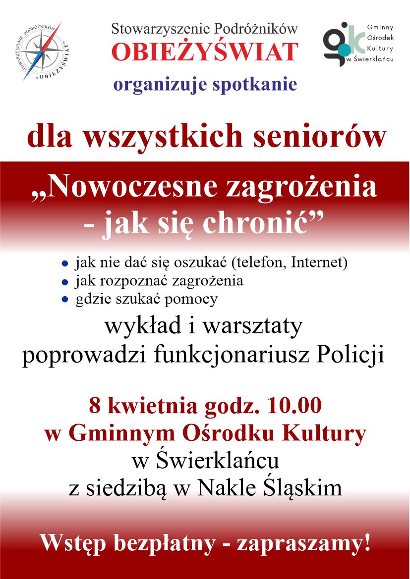 Plakat promujący wykład i warsztaty dla seniorów "Nowoczesne zagrożenia - jak się chronić".