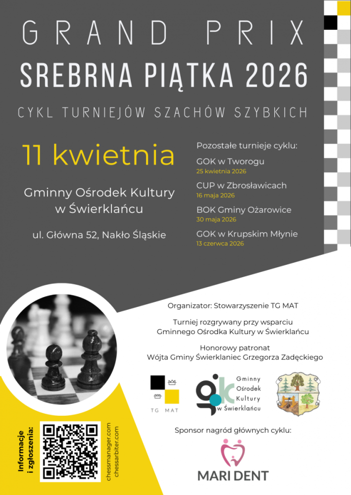 Plakat promujący Grand Prix Srebrna Piątka 2026 - cykl turniejów szachów szybkich.
