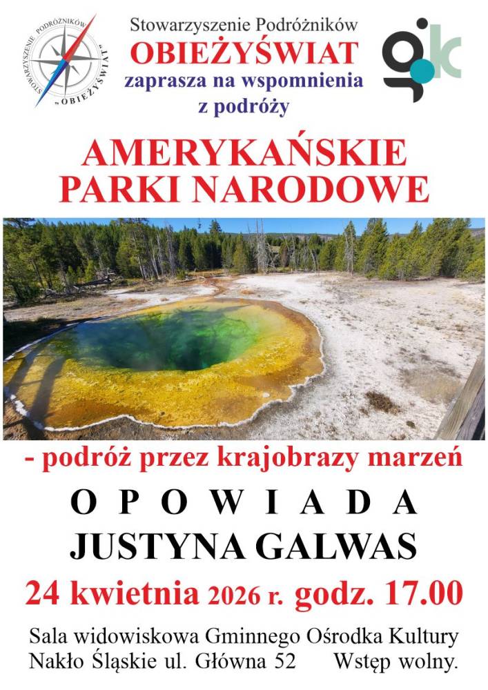 Plakat promujący wspomnienia z podróży po amerykańskich parkach narodowych.