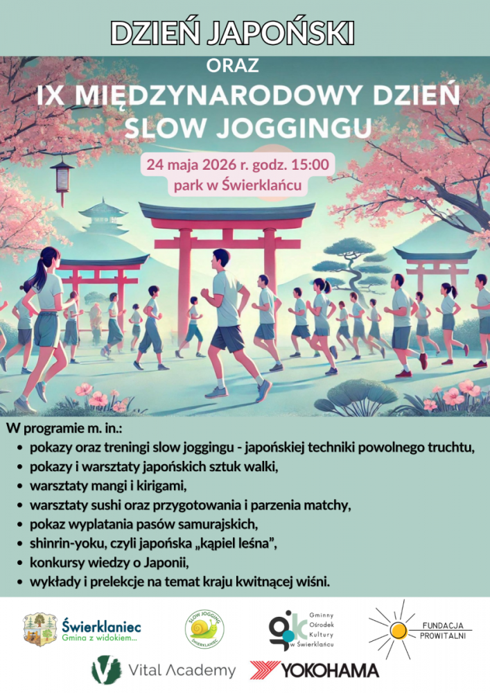 Plakat promujący Dzień Japoński oraz IX Międzynarodowy Dzień Slow Joggingu w parku w Świerklańcu.