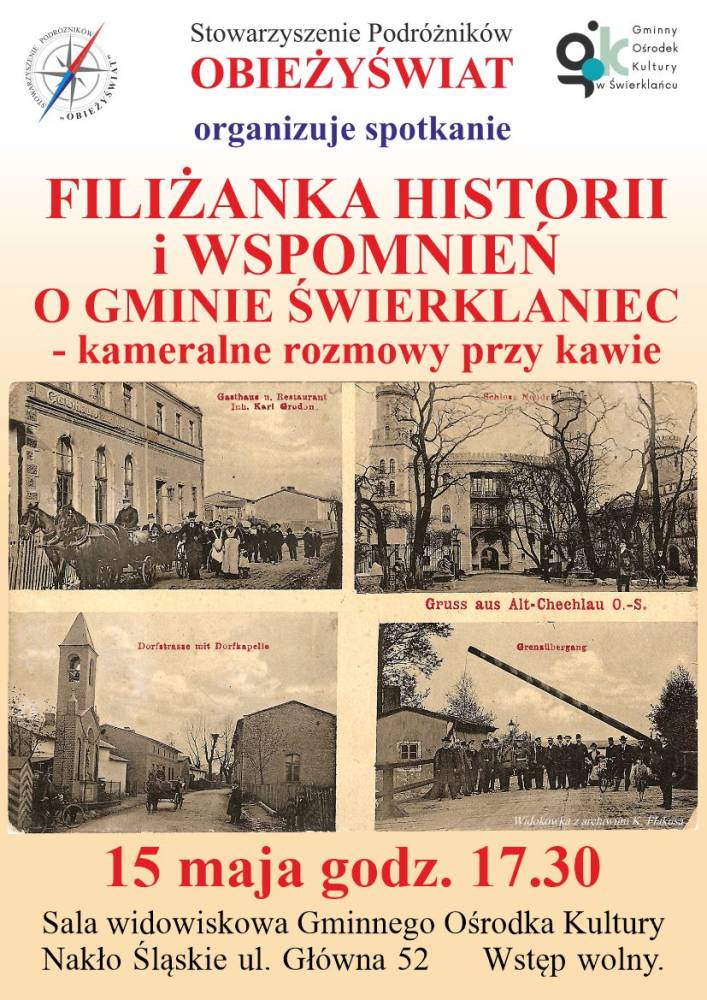 Plakat promujący spotkanie Filiżanka Historii i Wspomnień o gminie Świerklaniec - kameralne rozmowy przy kawie.