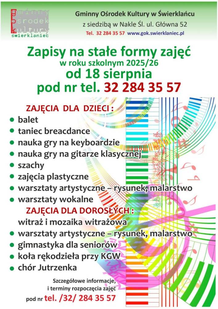 Plakat - zapisy na zajęcia stałe w GOKu - od 18 sierpnia