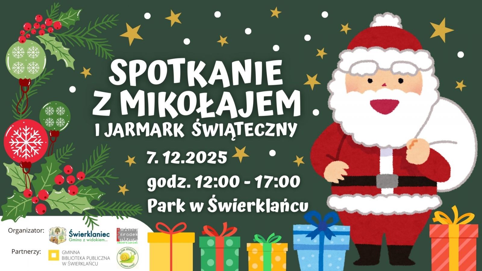 Grafika promująca Spotkanie z Mikołajem i Jarmark Świąteczny w Parku w Świerklańcu.