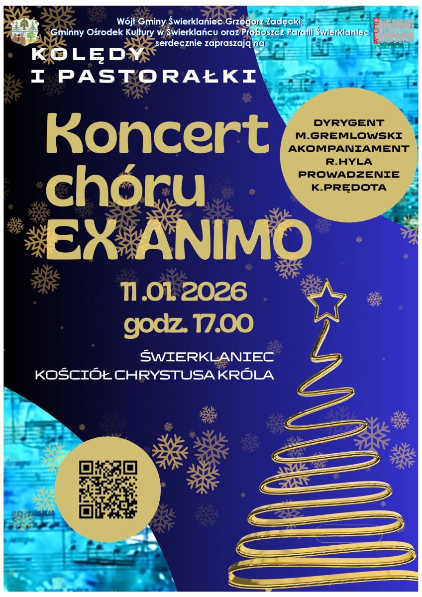 Plakat promujący koncert kolęd i pastorałek w wykonaniu chóru EX ANIMO.