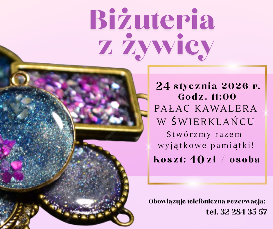 Grafika promująca warsztaty "Biżuteria z żywicy".