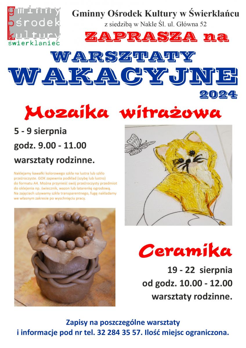 Plakat - warsztaty wakacyjne- mozaika szklana i ceramika - sierpień 2024