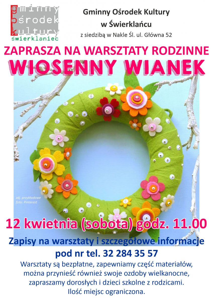Plakat - rodzinne warsztaty wiankowe - 12 kwietnia godzina 11.00