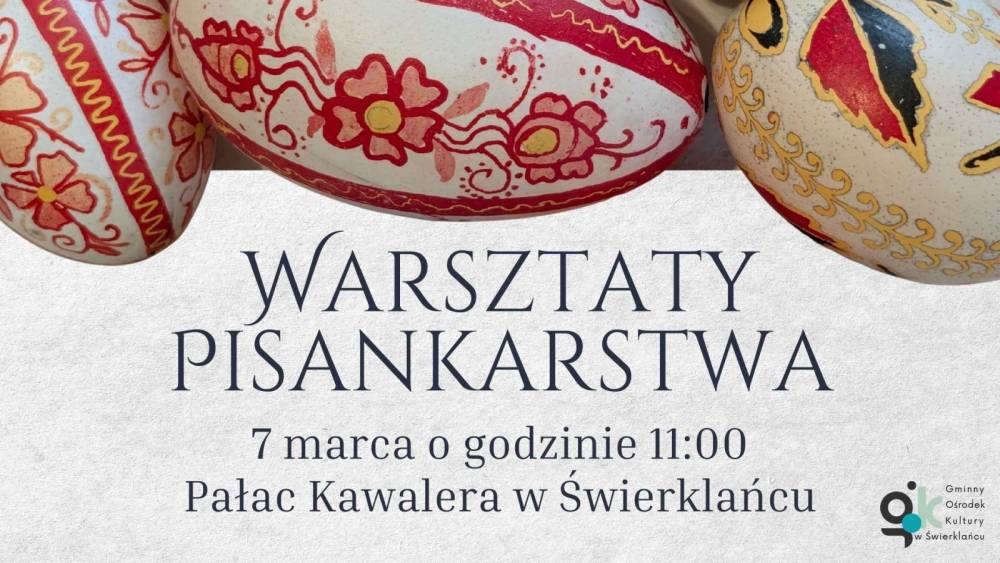 Grafika promująca warsztaty pisankarstwa 7 marca 2026 roku o godzinie 11:00 w Pałacu Kawalera.