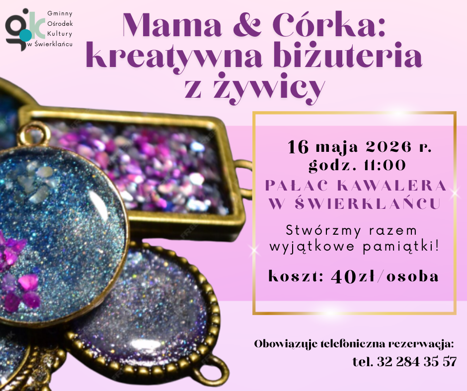 Grafika promująca warsztaty z bizuterii z żywicy.