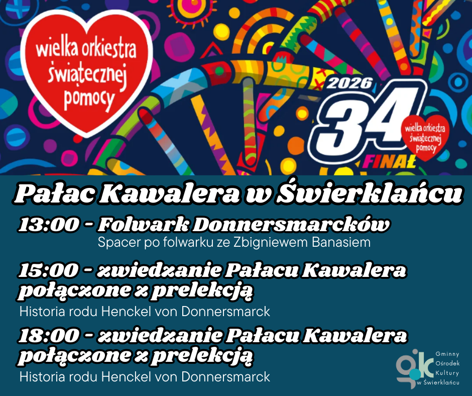 Grafika promująca zwiedzanie Pałacu Kawalera i folwarku w Świerklańcu.