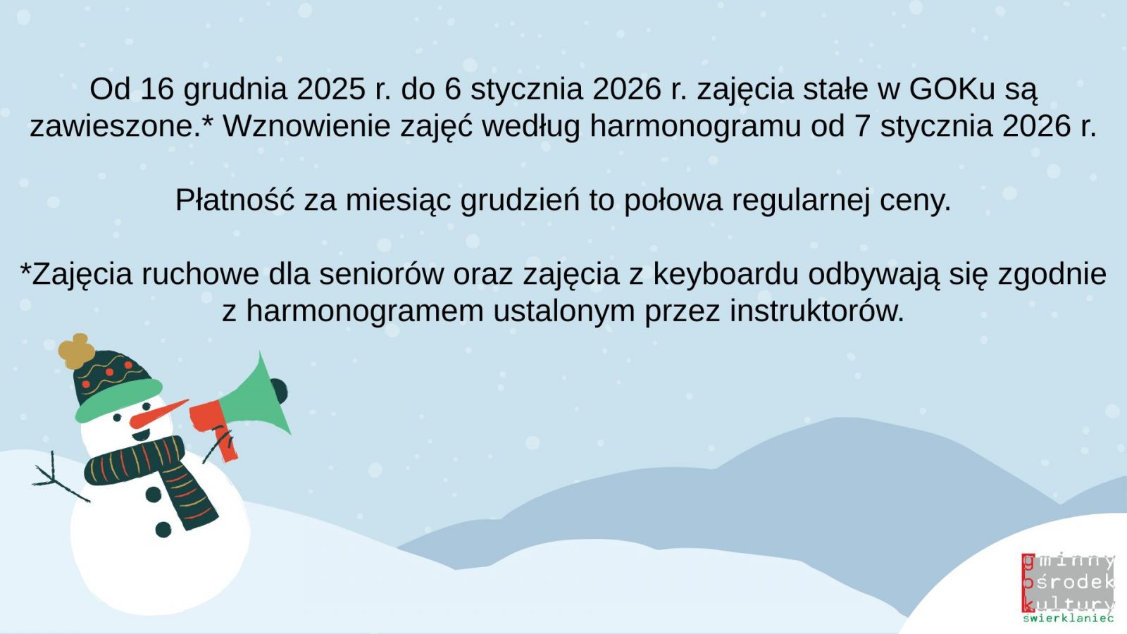 Informacja o zawieszonych zajęciach stałych.