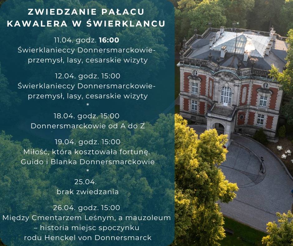 Grafika promująca zwiedzanie Pałacu Kawalera w Świerklańcu.