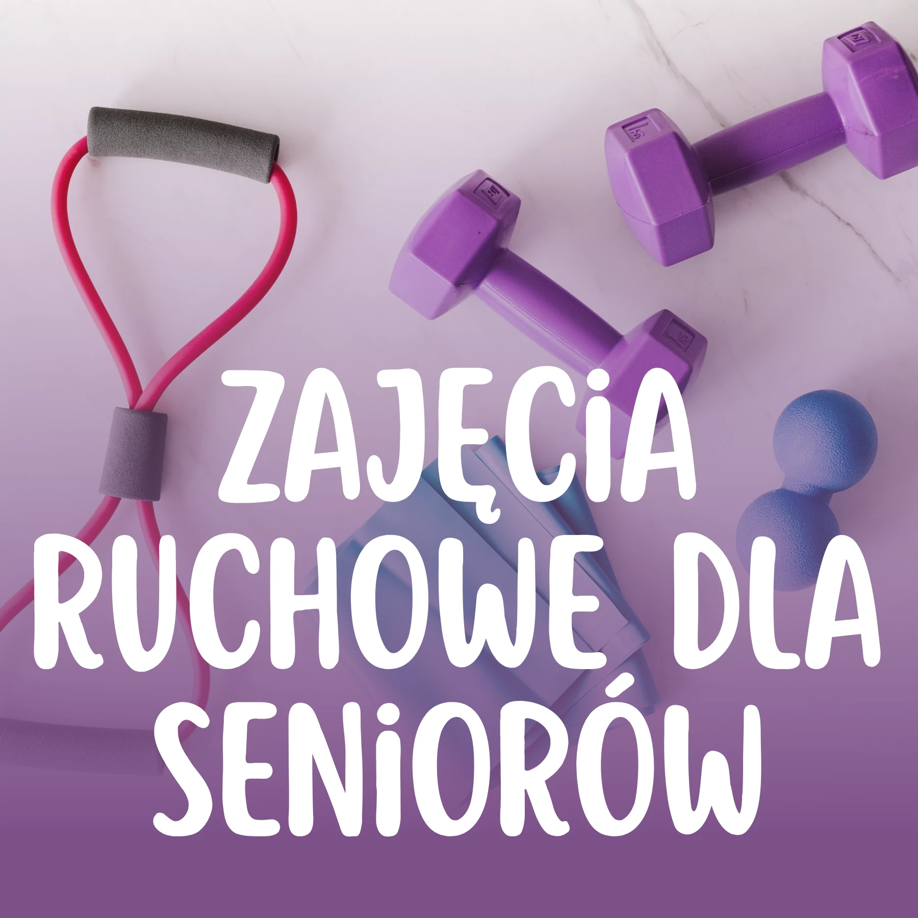 Płaski układ różnorodnych akcesoriów fitness na jasnoróżowym, marmurowym tle, w tym dwa fioletowe hantle, czerwona guma oporowa z piankowymi uchwytami i fioletowa piłka do masażu. Zdjęcie przesłania duży, biały, zaokrąglony napis: „ZAJĘCIA RUCHOWE DLA SENIORÓW”.