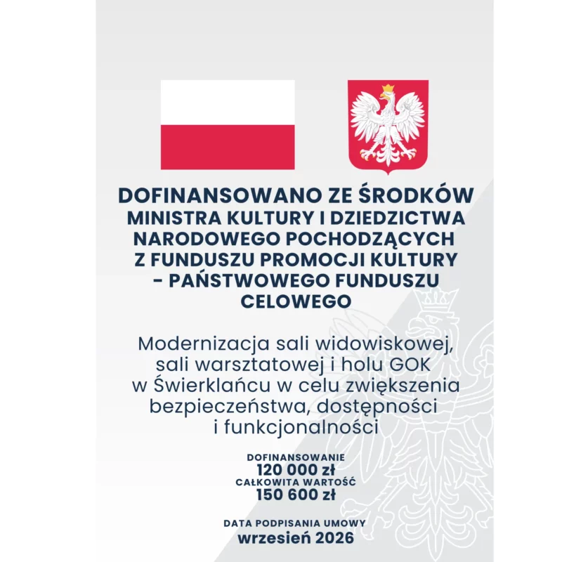 Modernizacja sali widowiskowej, sali warsztatowej i holu GOK w Świerklańcu w celu zwiększenia bezpieczeństwa, dostępności i funkcjonalności