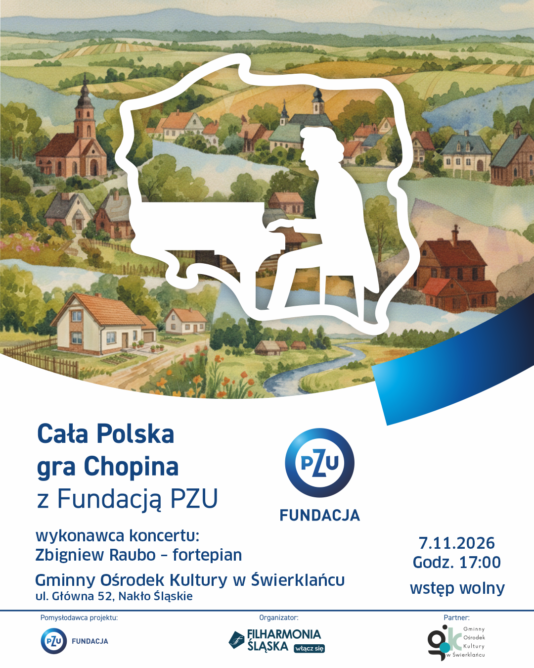 Plakat promujący koncert "Cała Polska gra Chopina z Fundacją PZU".